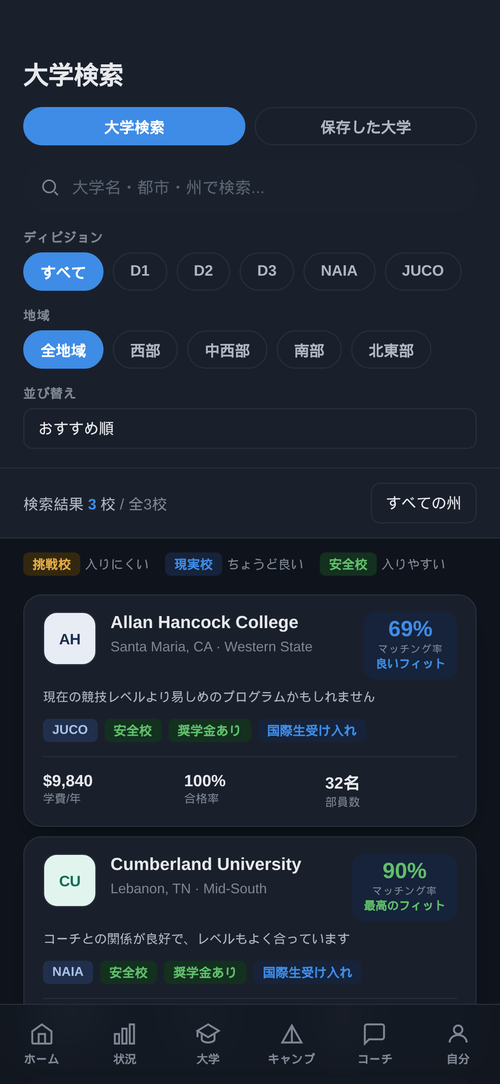 大学マッチング結果画面